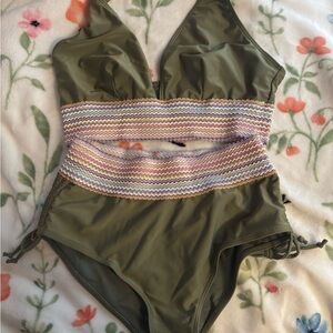 Olive Green Bikini with Multicolor Zigzag Pattern Size L